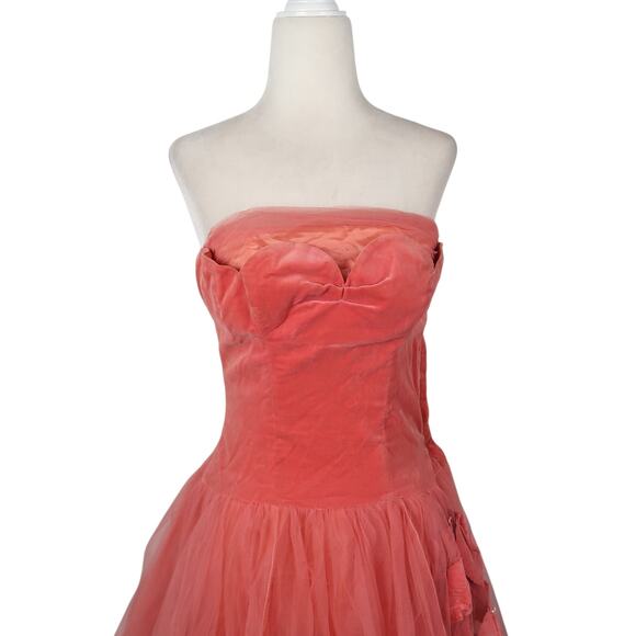 Vintage 50s Strapless Coral Pink Tulle Velvet Leaf Applique Formal Prom Dress XS - Picture 2 of 9